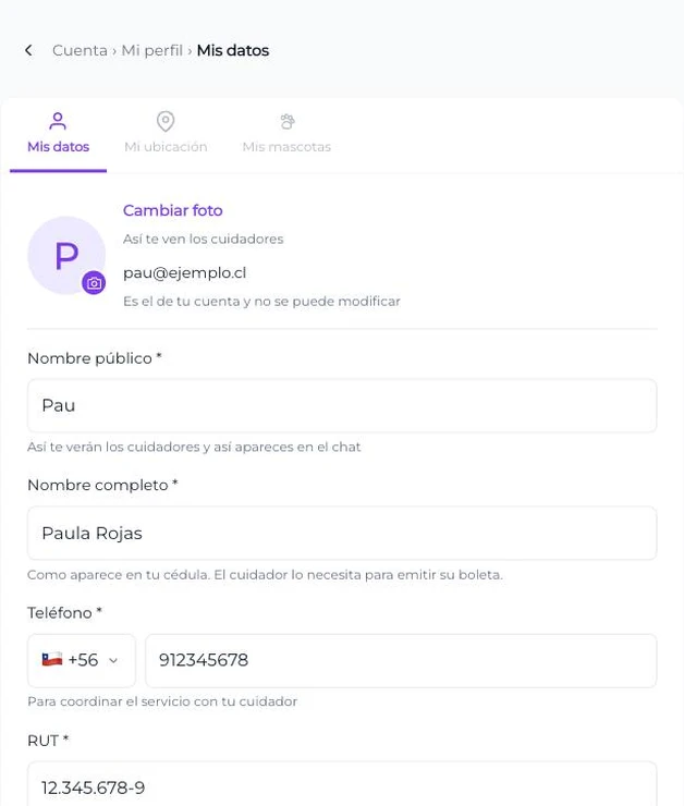 La pantalla de Mi perfil en la aplicación, con el nombre público, el correo y el teléfono